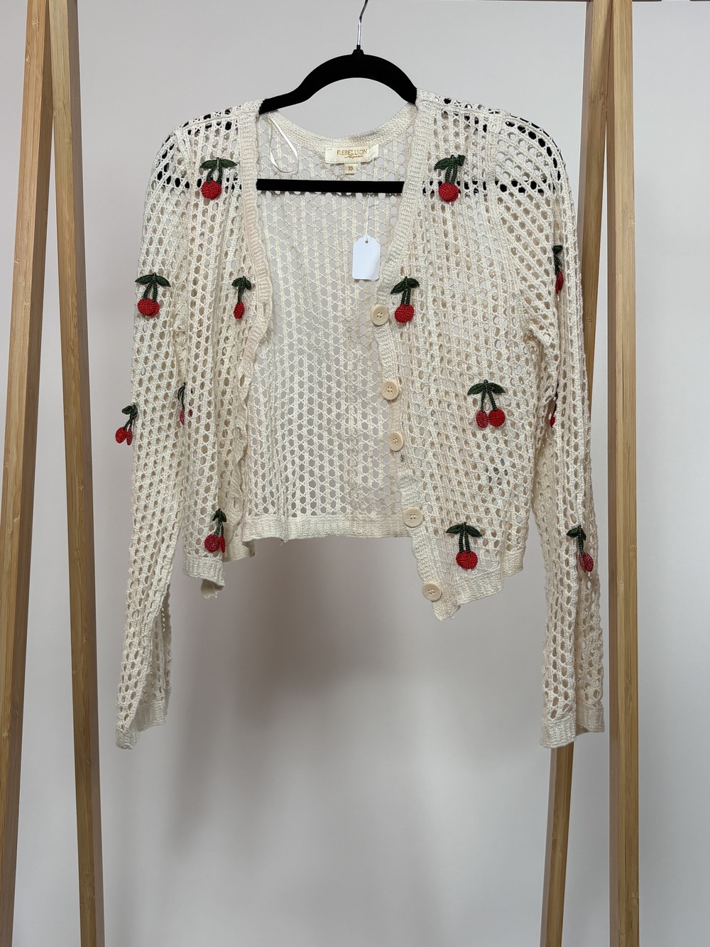 PF-1427 Rebellion Cream Cherry Crochet Cardigan